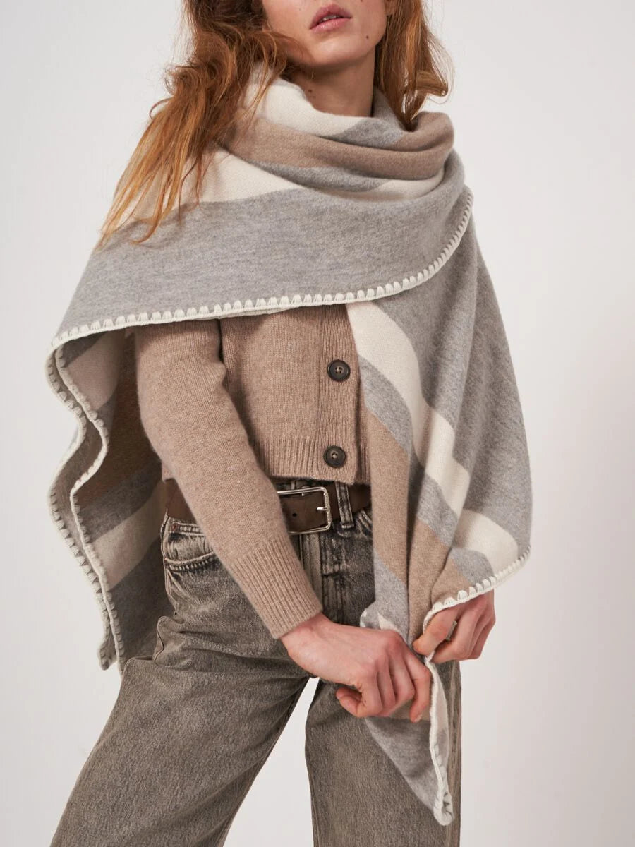 REPEAT CASHMERE CONTRAST BORDER CAPE - LIGHT GREY/IVORY