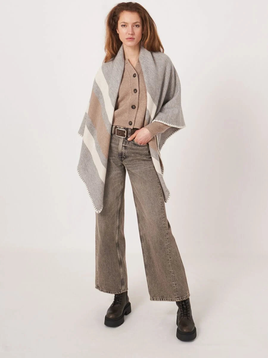 REPEAT CASHMERE CONTRAST BORDER CAPE - LIGHT GREY/IVORY