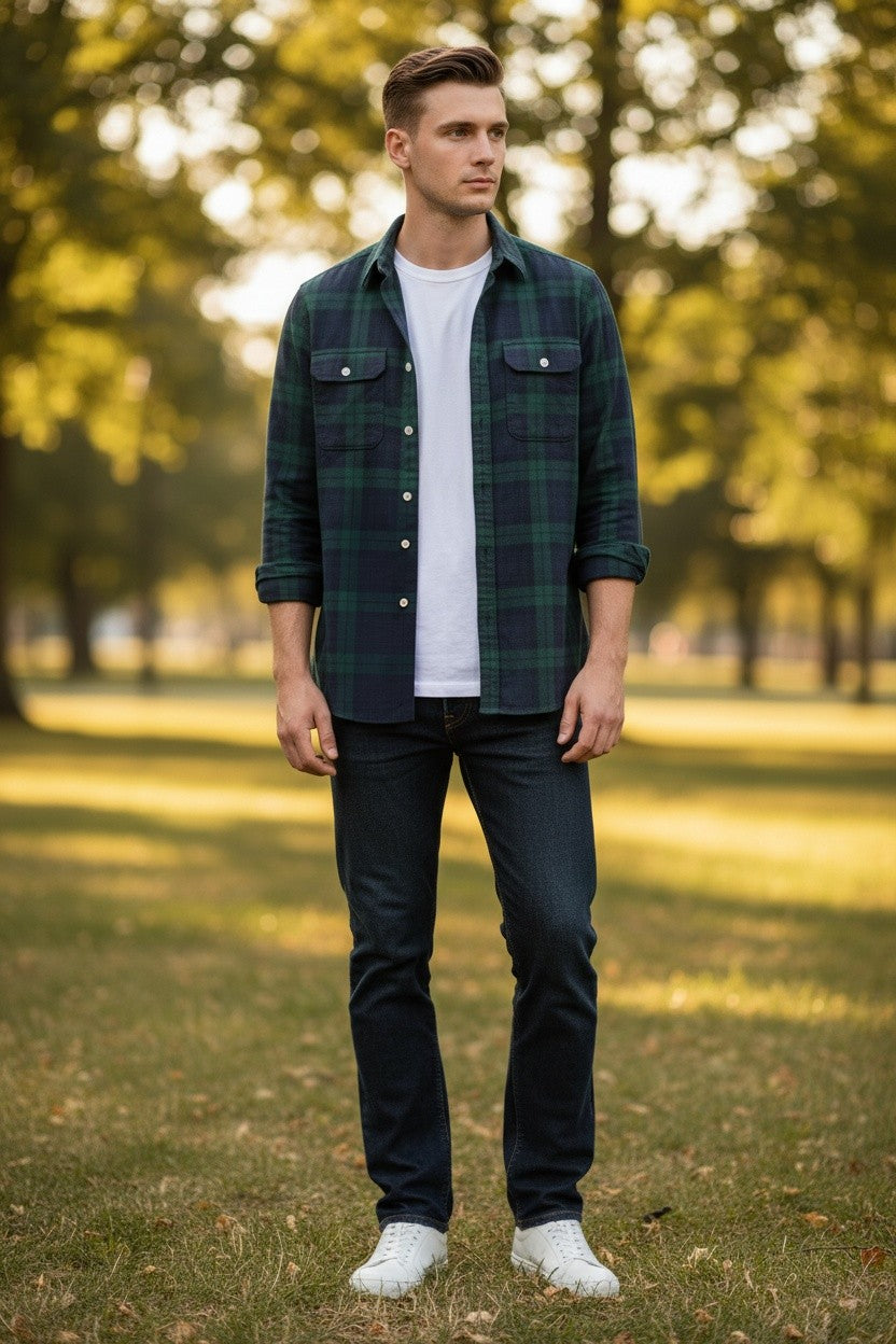 POLO RALPH LAUREN - LONG-SLEEVE SHAGGY FLANNEL MATLOCK WORKSHIRT - NAVY/FOREST PLAID