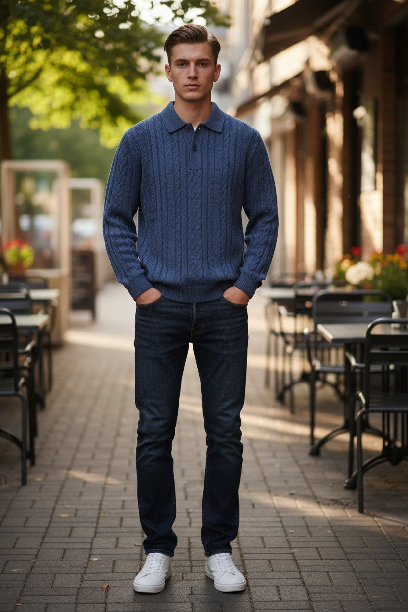 POLO RALPH LAUREN - LONG-SLEEVE WOOL ALPACA BLEND ARAN PLACKET POLO SWEATER - GLAUCUS NAVY HEATHER