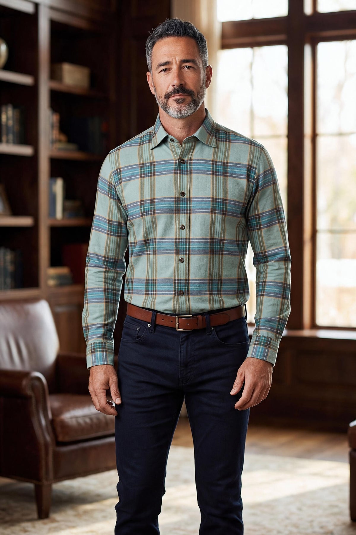 CALDER CARMEL MEN'S SHIRT - LUXE MELANGE TWILL COLOR SATURATED TARTAN - OLIVE