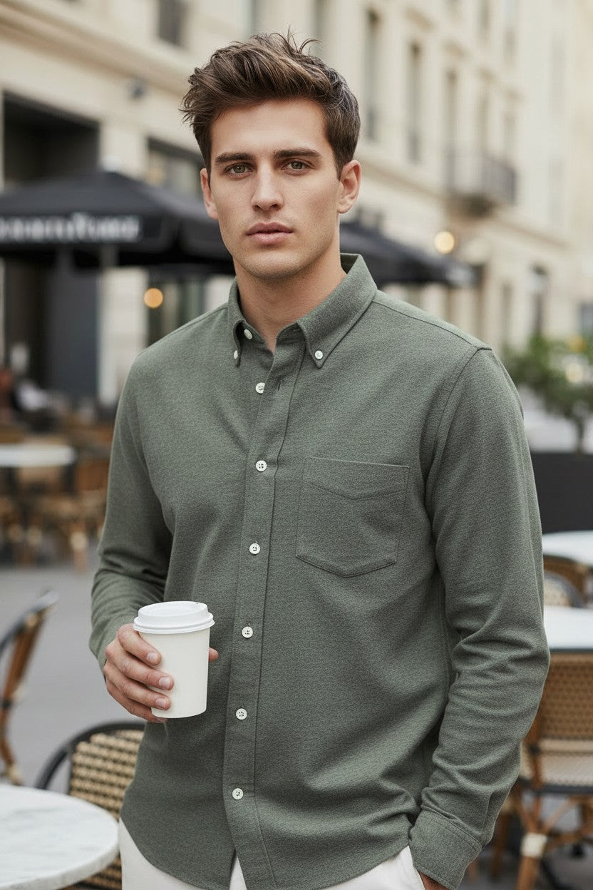 HARTFORD MEN'S COTTON MELANGE FLANNEL SHIRT - FOREST