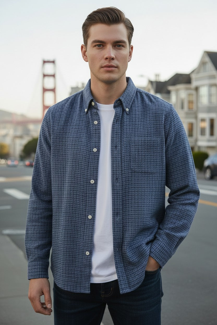 BUTTON DOWN SPORT SHIRT - BLUE HOUNDSTOOTH CHECK