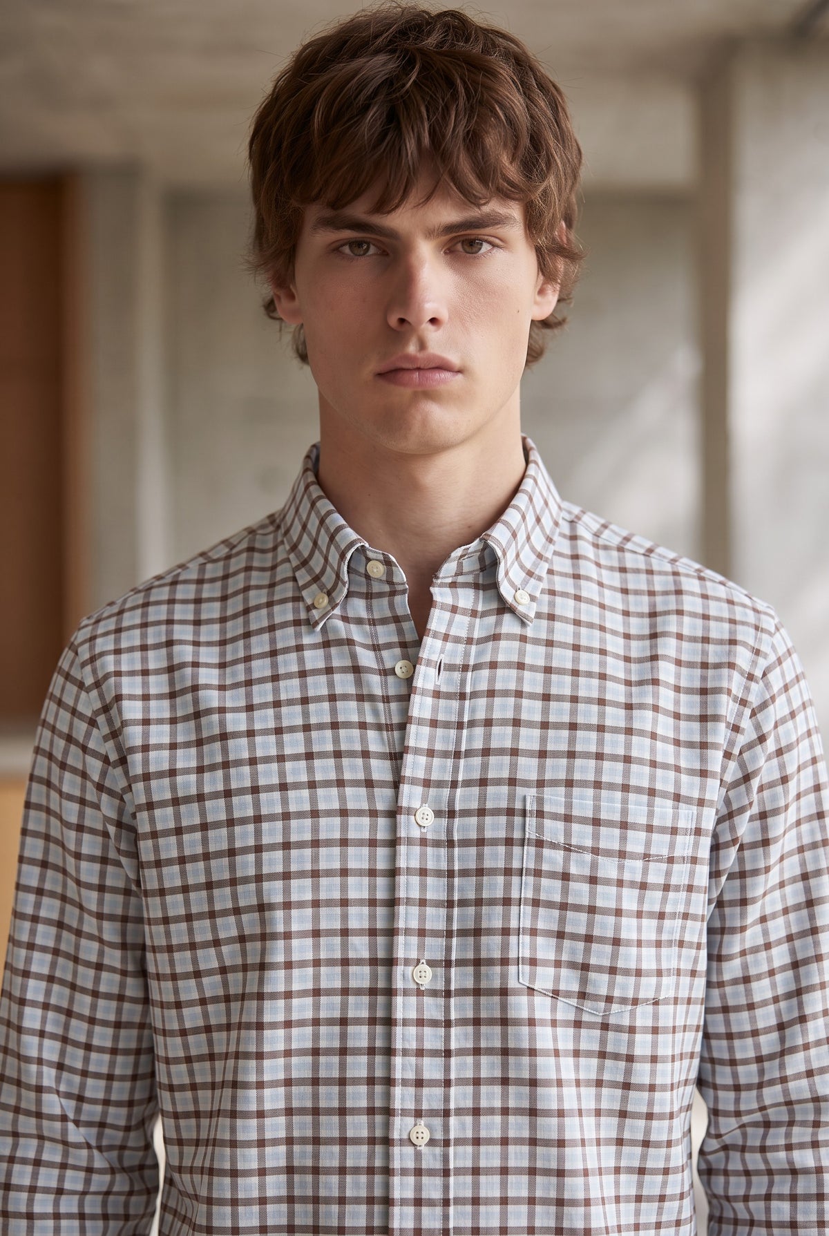 ALAN PAINE MIRFIELD SPORT SHIRT -  LIGHT BLUE/BROWN CHECK