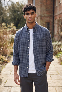 HARTFORD MEN'S COTTON BRUSHED FLANNEL SHIRT - NAVY SHADOW CHECK