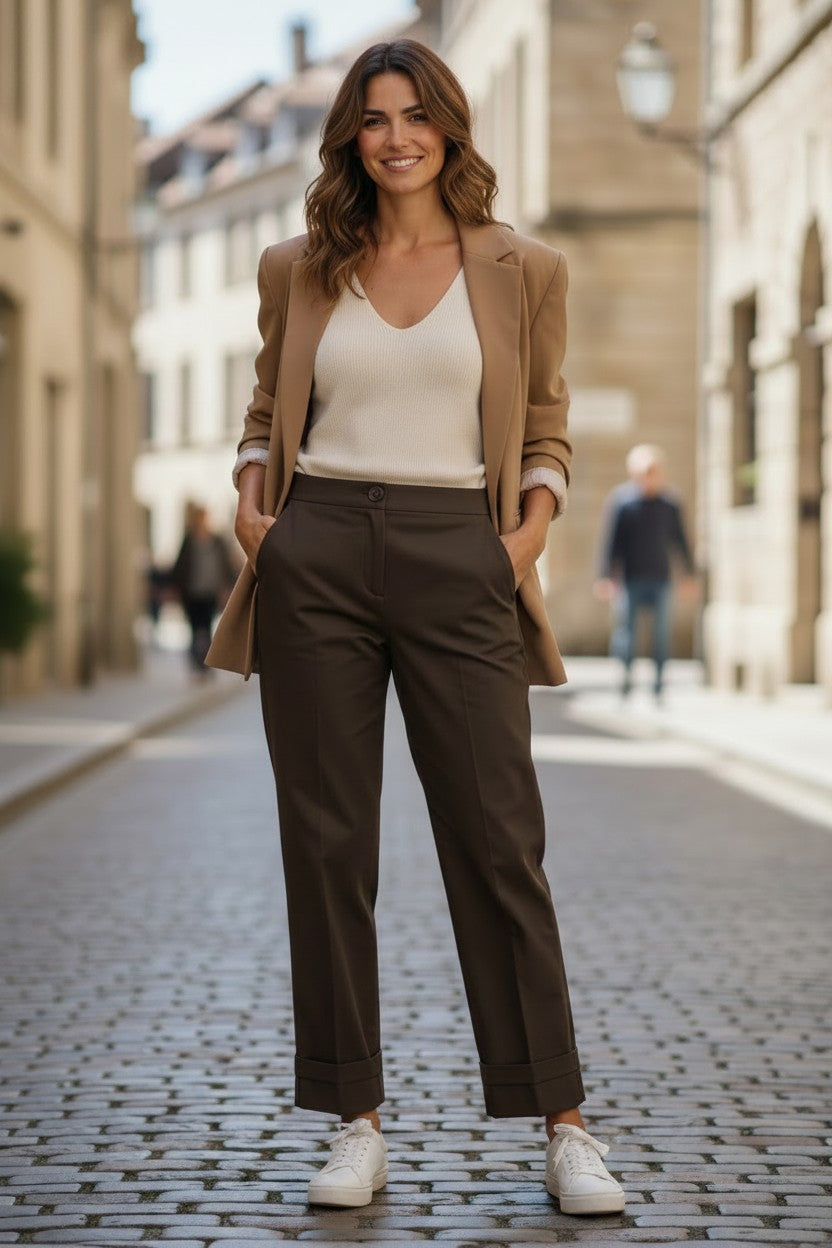 VIA MASINI 80 WOMEN'S STRAIGHT LEG CUFF TROUSER - TESTA DI MORO