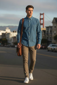 BUTTON DOWN SPORT SHIRT - WASHED MID BLUE DENIM