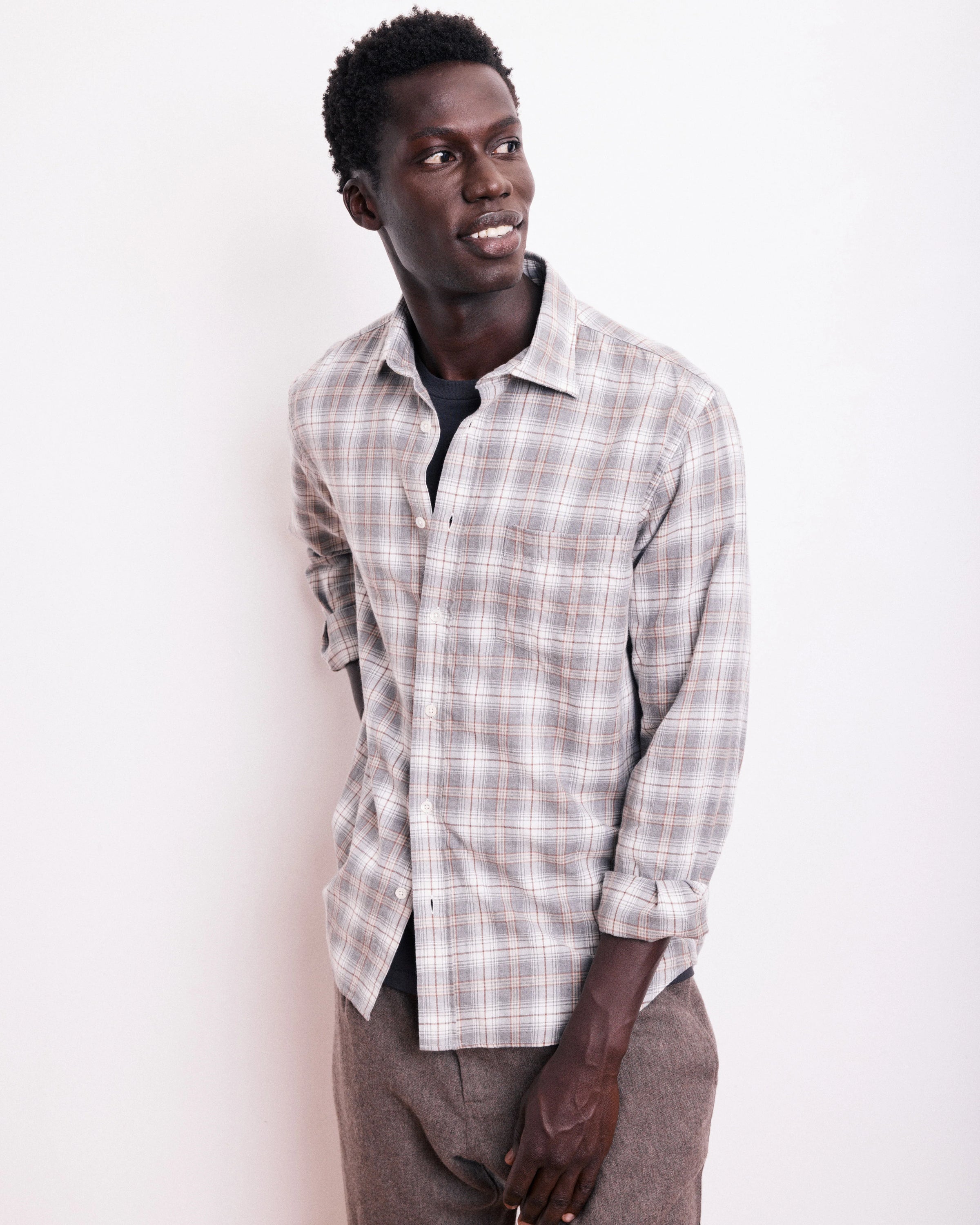 HARTFORD MEN'S CASUAL LIGHT FLANNEL PLAID SHIRT - GREY & NATURAL
