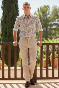 Button Down SF men's blue and brown paisley print Panama Oxford shirt, 100% cotton, tailored fit.