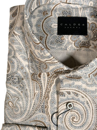 Button Down SF men's blue and brown paisley print cotton oxford shirt with spread collar and mitered cuff.