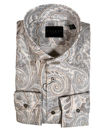 Button Down SF men's blue and brown paisley print 100% cotton Panama Oxford shirt with tailored fit and spread collar.