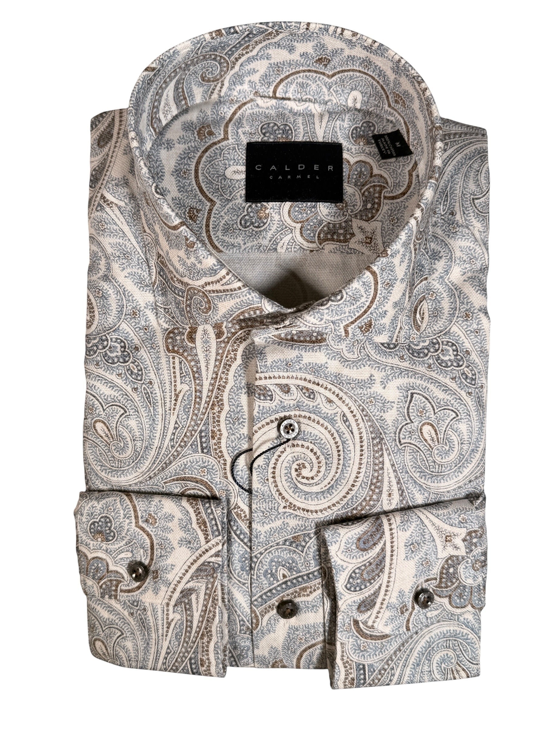 Button Down SF men's blue and brown paisley print 100% cotton Panama Oxford shirt with tailored fit and spread collar.