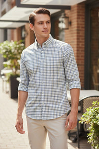 Button Down SF men's blue and green framed check cotton shirt with button-down collar and mitered cuff.
