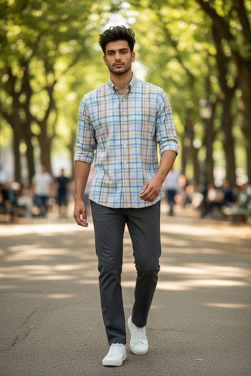 Button Down SF men's blue and tan exploded plaid 100% cotton button-down shirt with Newport tailored fit.