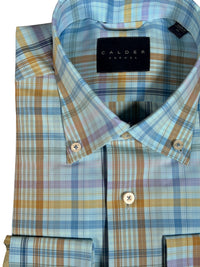 Button Down SF men's blue and tan exploded plaid 100% cotton button-down shirt. Newport tailored fit with Buckley collar.