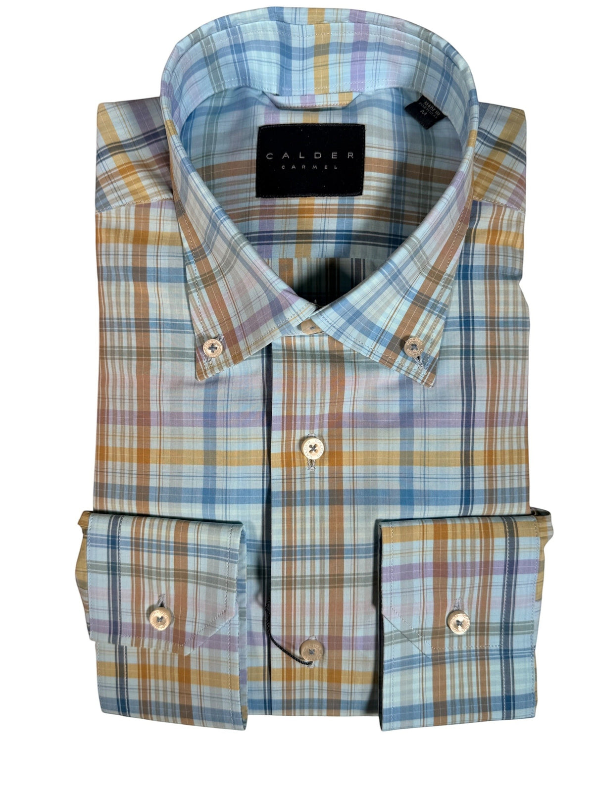 Button Down SF men's blue and tan exploded plaid 100% cotton button-down shirt with Buckley collar.