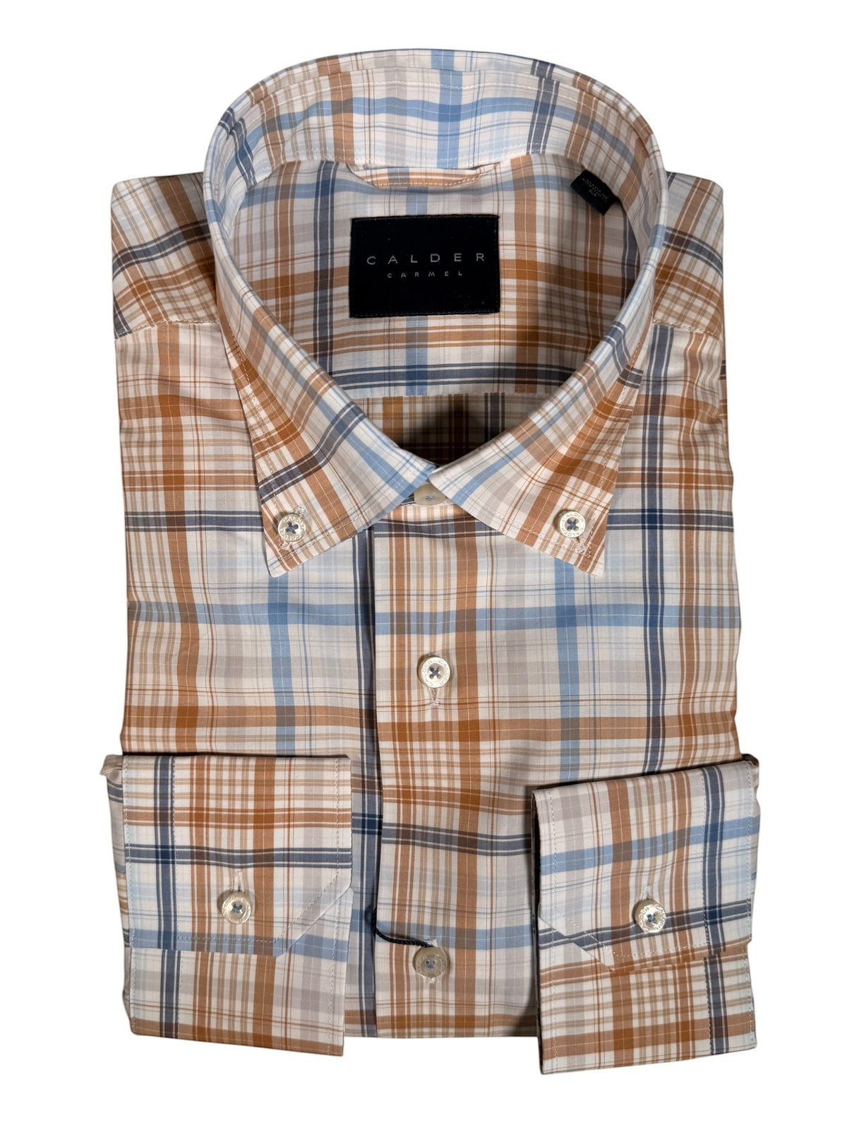 Button Down SF men's blue, tan, and white exploded plaid 100% cotton shirt with button-down collar.