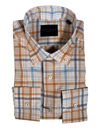 Button Down SF men's blue, tan, and white exploded plaid 100% cotton shirt with button-down collar.