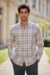 Button Down SF men's white cotton shirt with blue and tan exploded plaid, button-down collar, and tailored fit.