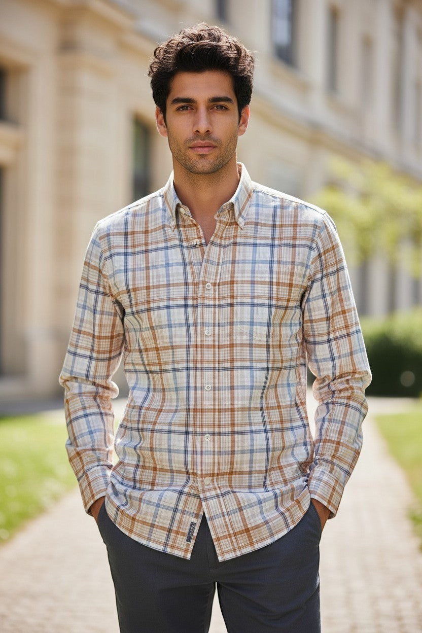 Button Down SF men's white cotton shirt with blue and tan exploded plaid, button-down collar, and tailored fit.
