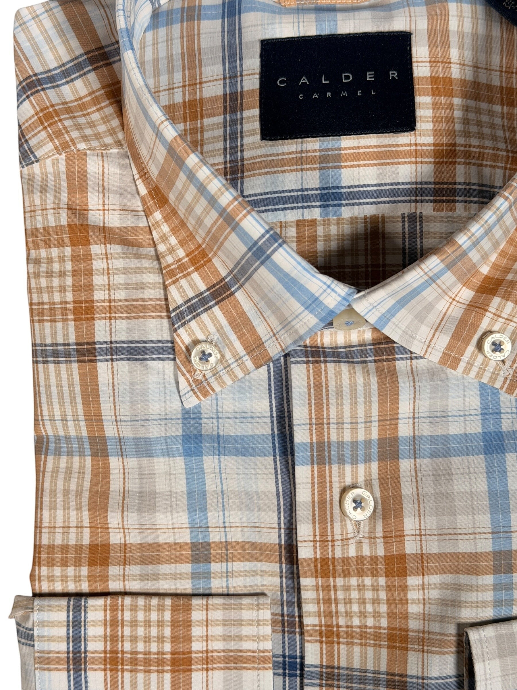 Button Down SF men's blue, tan, and white exploded plaid 100% cotton dress shirt with button-down collar.