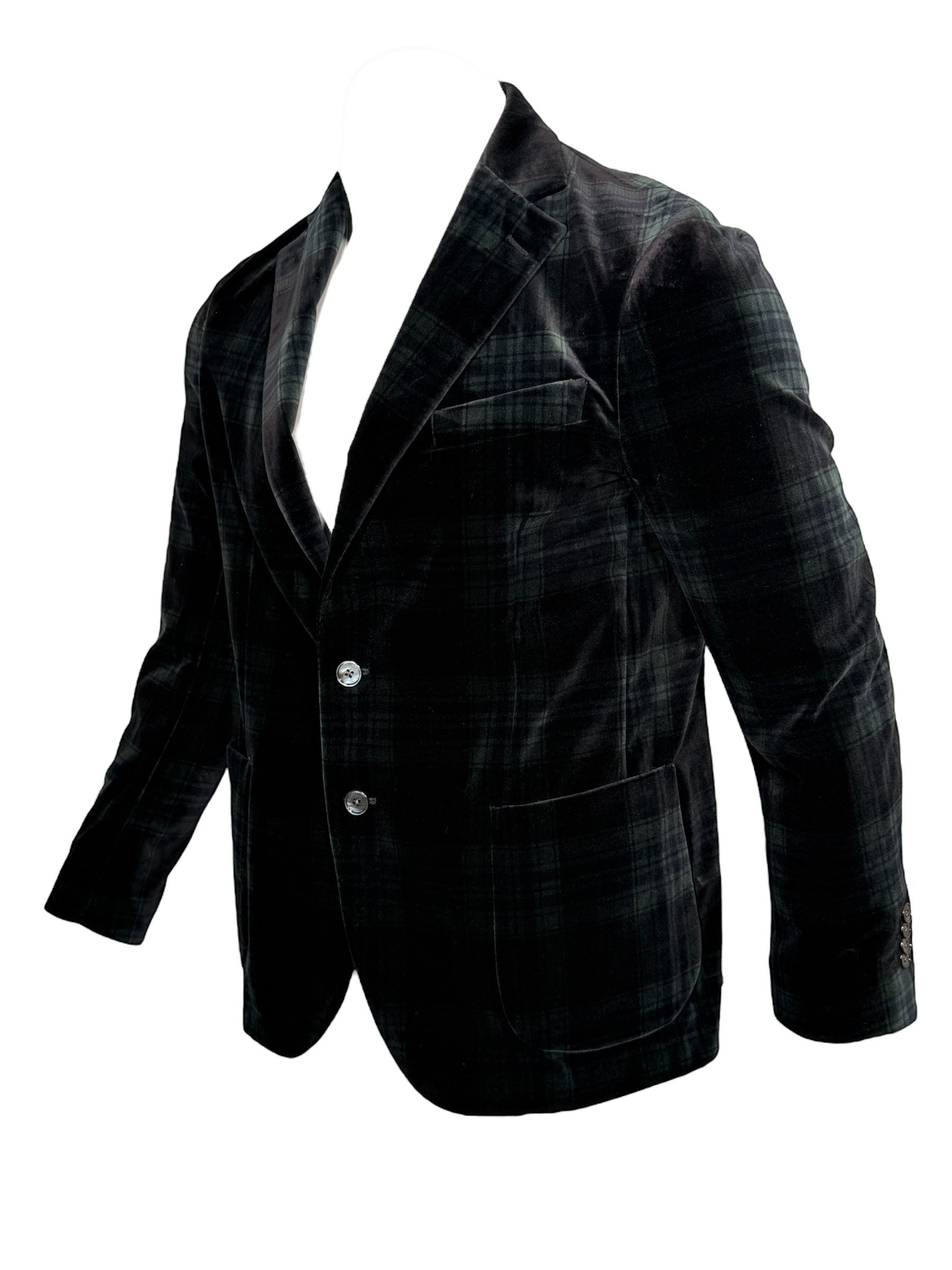 Button Down SF men's black and green plaid velvet Ventana jacket, 100% cotton, designed in Carmel, California.