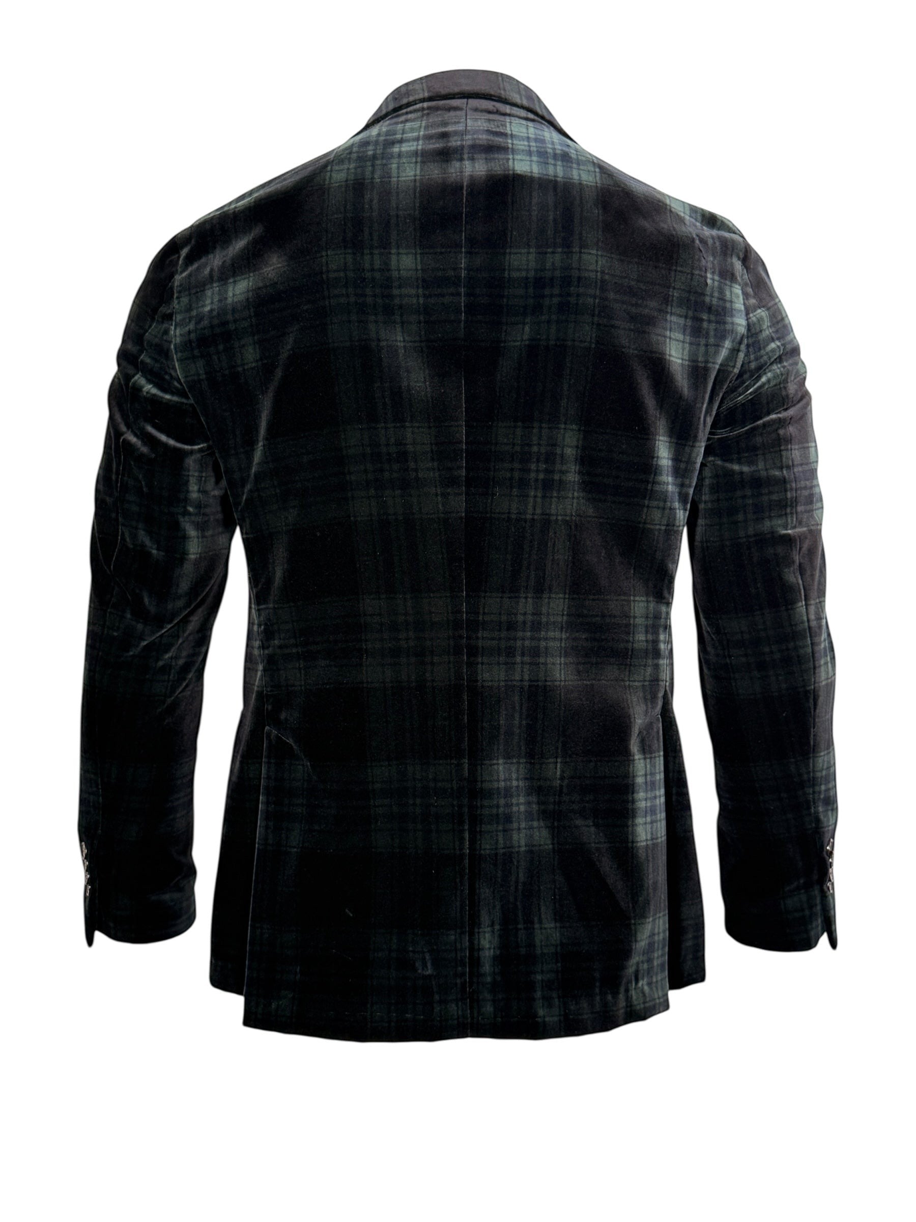 Button Down SF men's forest green plaid velvet jacket, 100% cotton, designed in Carmel, California.