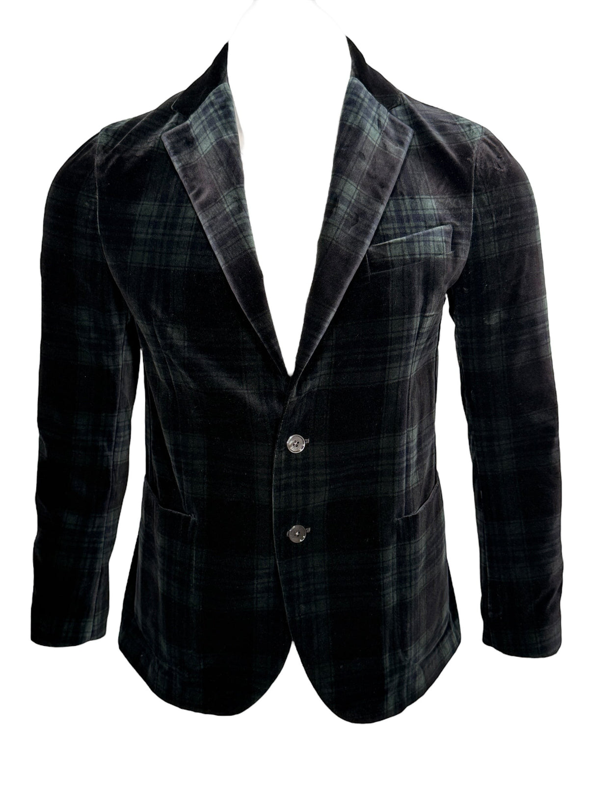 Button Down SF men's forest green and black plaid velvet jacket. 100% cotton, designed in Carmel, California.