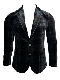 Button Down SF men's forest green and black plaid velvet jacket. 100% cotton, designed in Carmel, California.