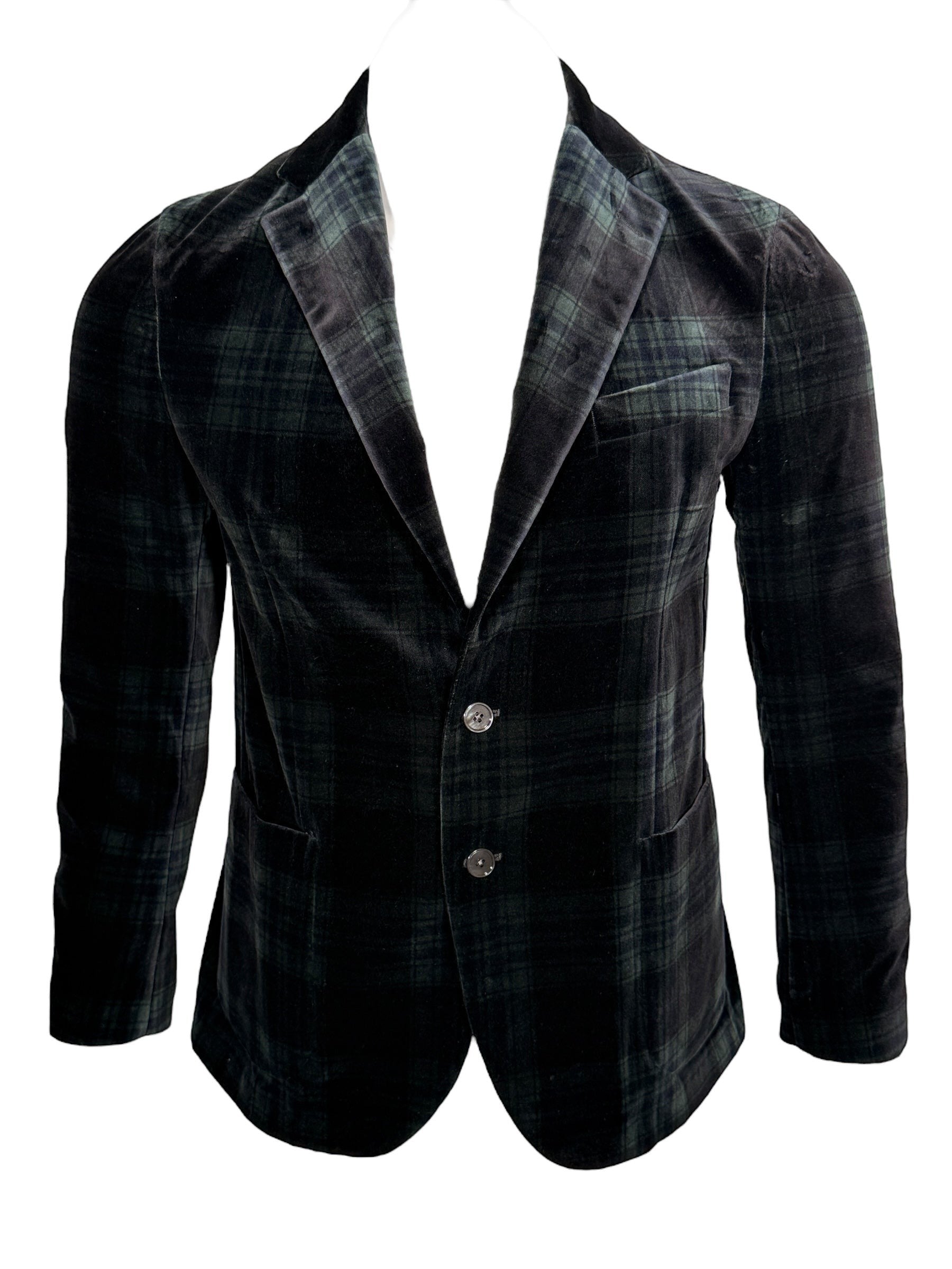 Button Down SF men's forest green and black plaid velvet jacket. 100% cotton, designed in Carmel, California.