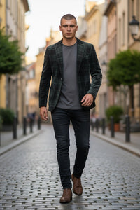 Button Down SF men's forest green plaid cotton Ventana jacket with a soft texture and classic fit.
