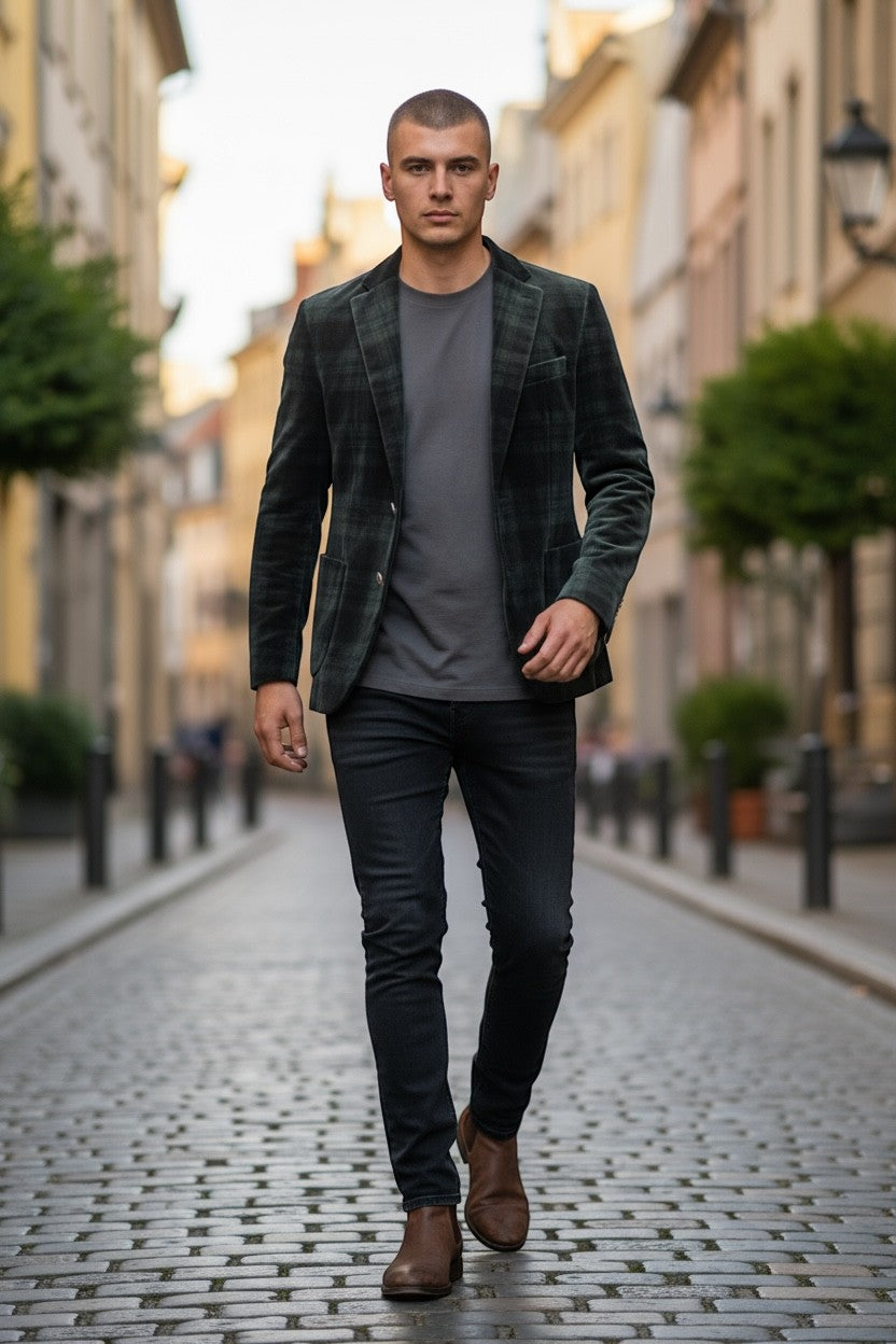 Button Down SF men's forest green plaid cotton Ventana jacket with a soft texture and classic fit.