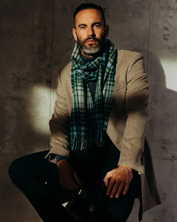 JOSHUA ELLIS CASHMERE SCARF - GREEN/GREY SHADOW PLAID