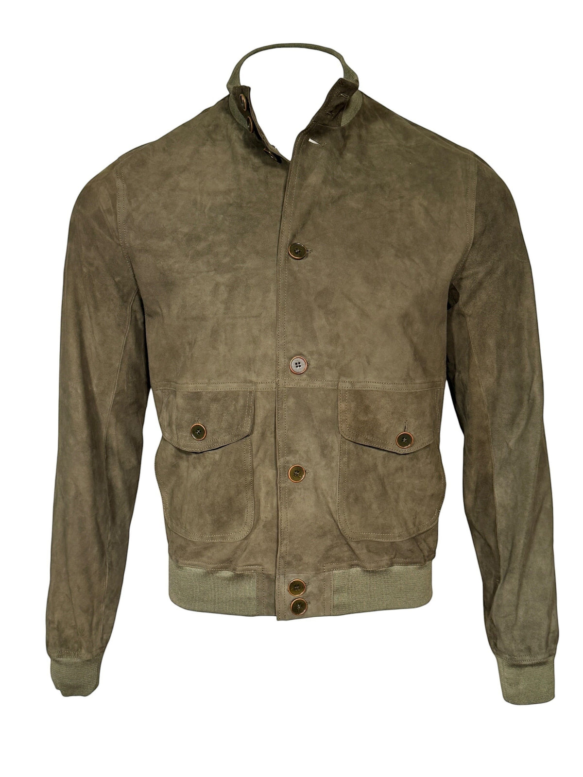 Button Down SF men's green suede jacket with button closure, chest pockets, and knit cuffs and collar.