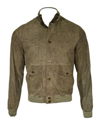 Button Down SF men's green suede jacket with button closure, chest pockets, and knit cuffs and collar.