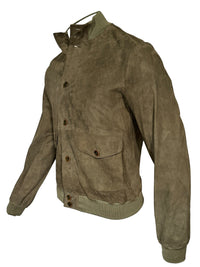 Button Down SF men's green suede bomber jacket with button closure, knit cuffs, waist, and collar. Made in Italy.