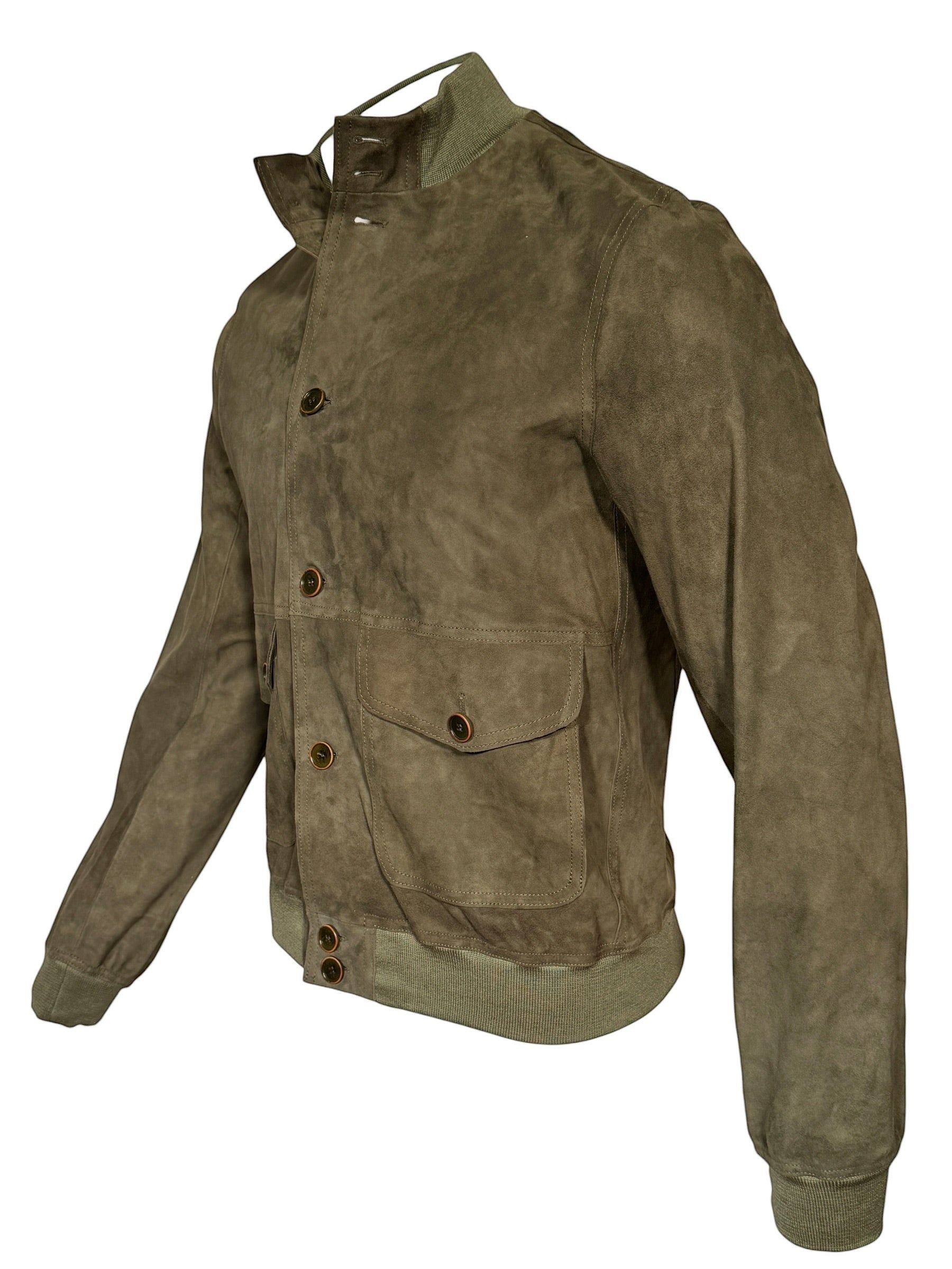 Button Down SF men's green suede bomber jacket with button closure, knit cuffs, waist, and collar. Made in Italy.