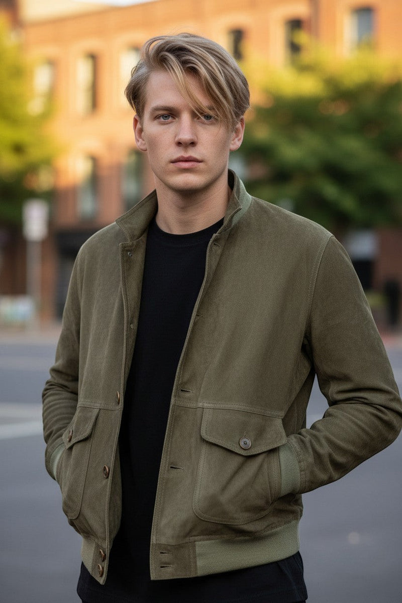 Button Down SF men's green suede bomber jacket with button closure, knit cuffs, waist, and collar. Made in Italy.