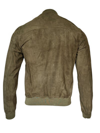 Button Down SF men's green suede bomber jacket with knit cuffs, waist, and collar. Made in Italy.