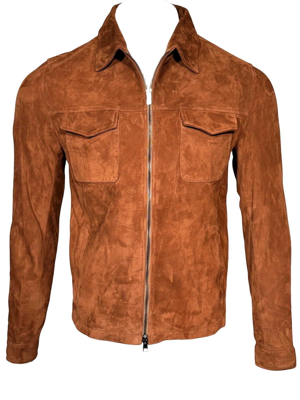Button Down SF men's chestnut suede zip jacket with chest and side pockets, made in Italy.