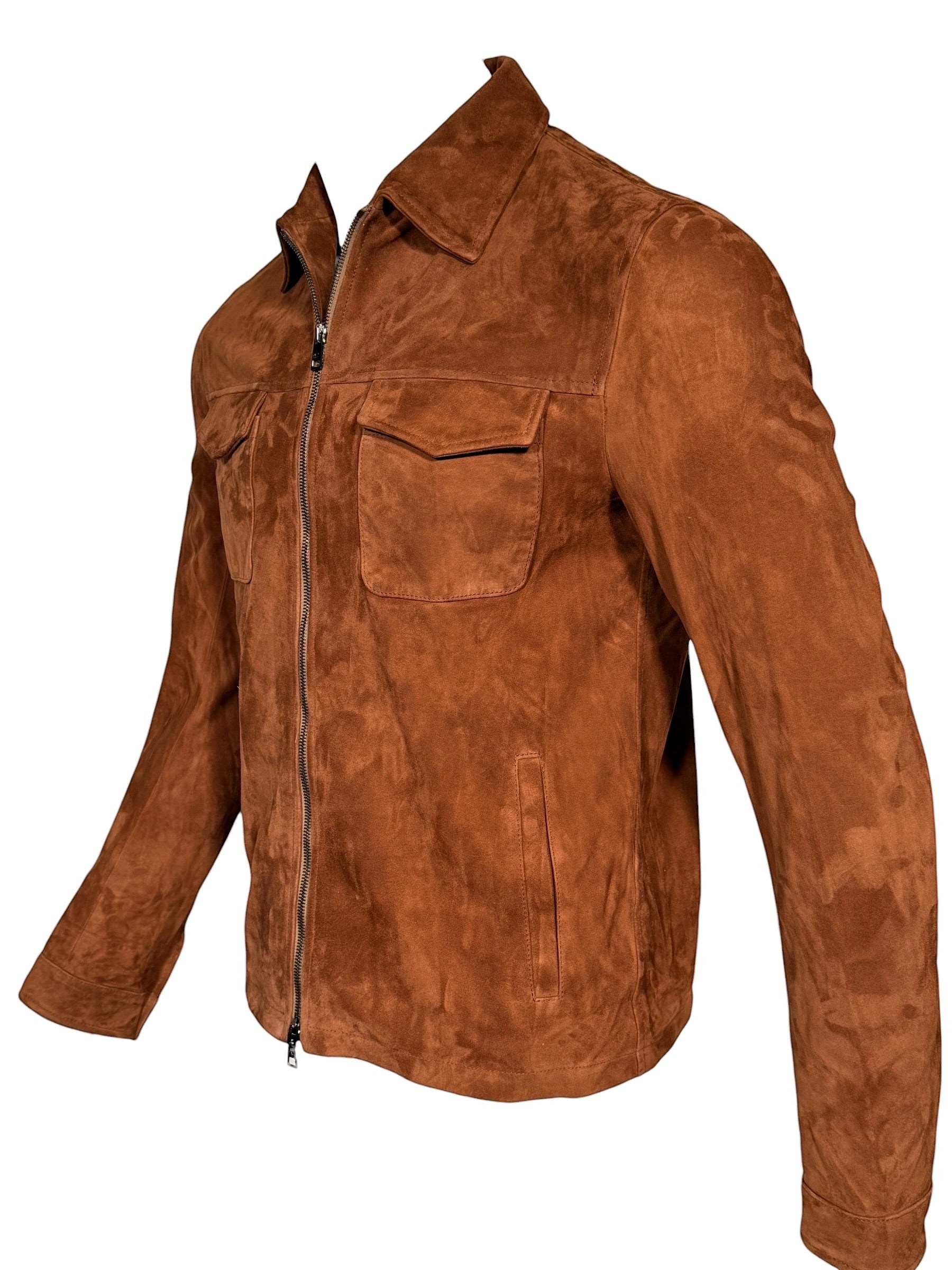 Button Down SF men's chestnut suede zip jacket with chest and side pockets, made in Italy.