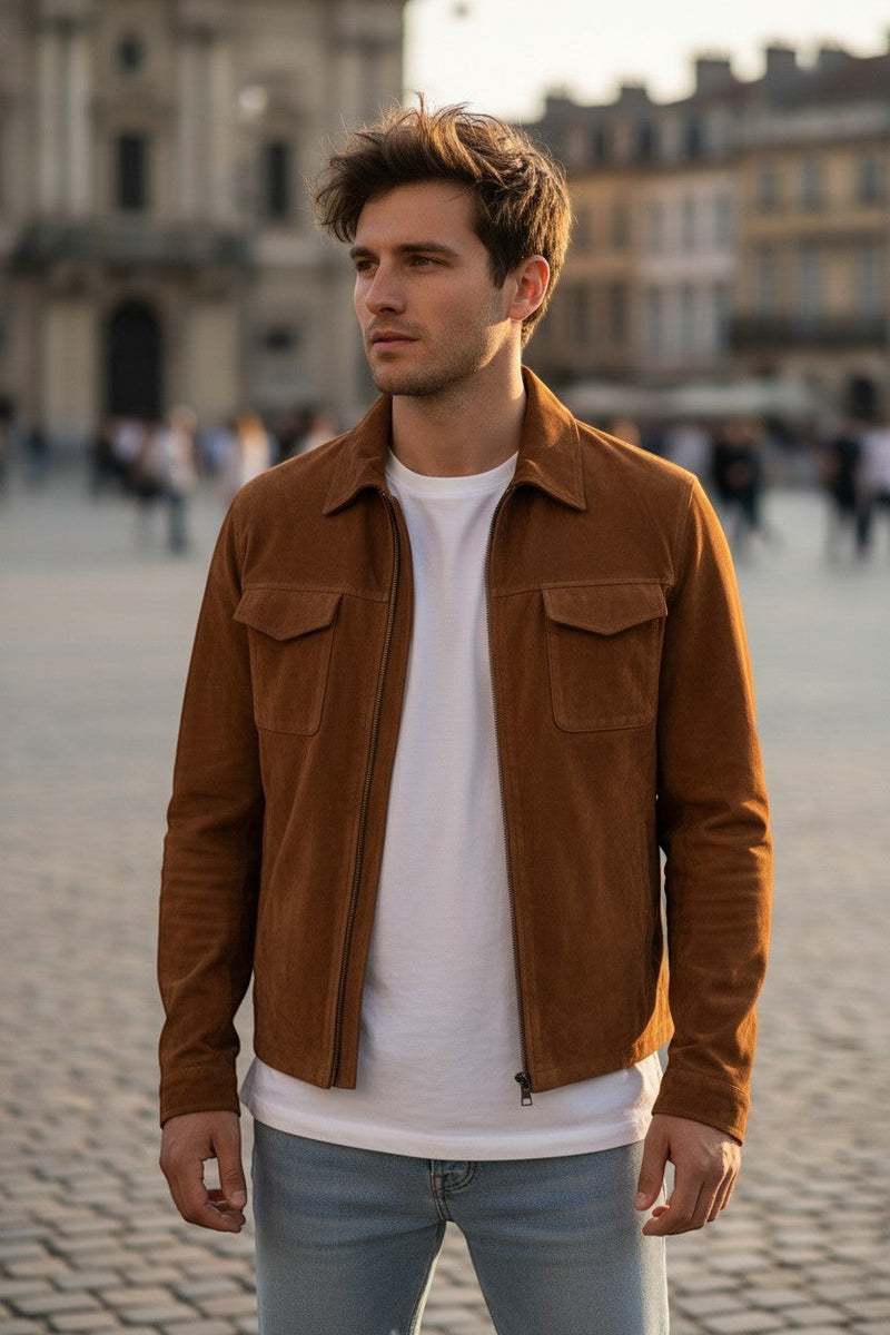 Button Down SF men's chestnut suede zip jacket with chest and side pockets, made in Italy.