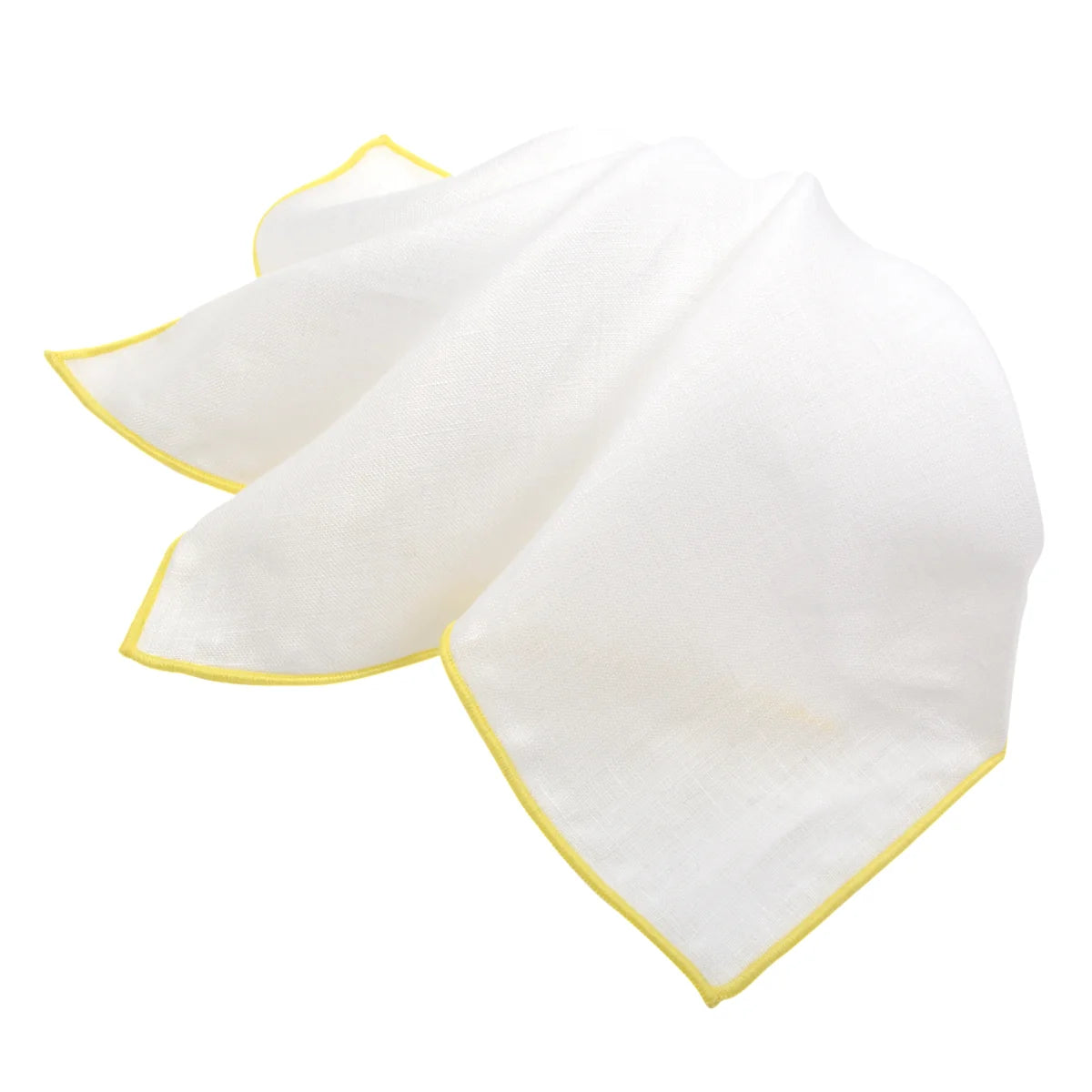 DION LINEN POCKET SQUARE - WHITE WITH PALE YELLOW TRIM