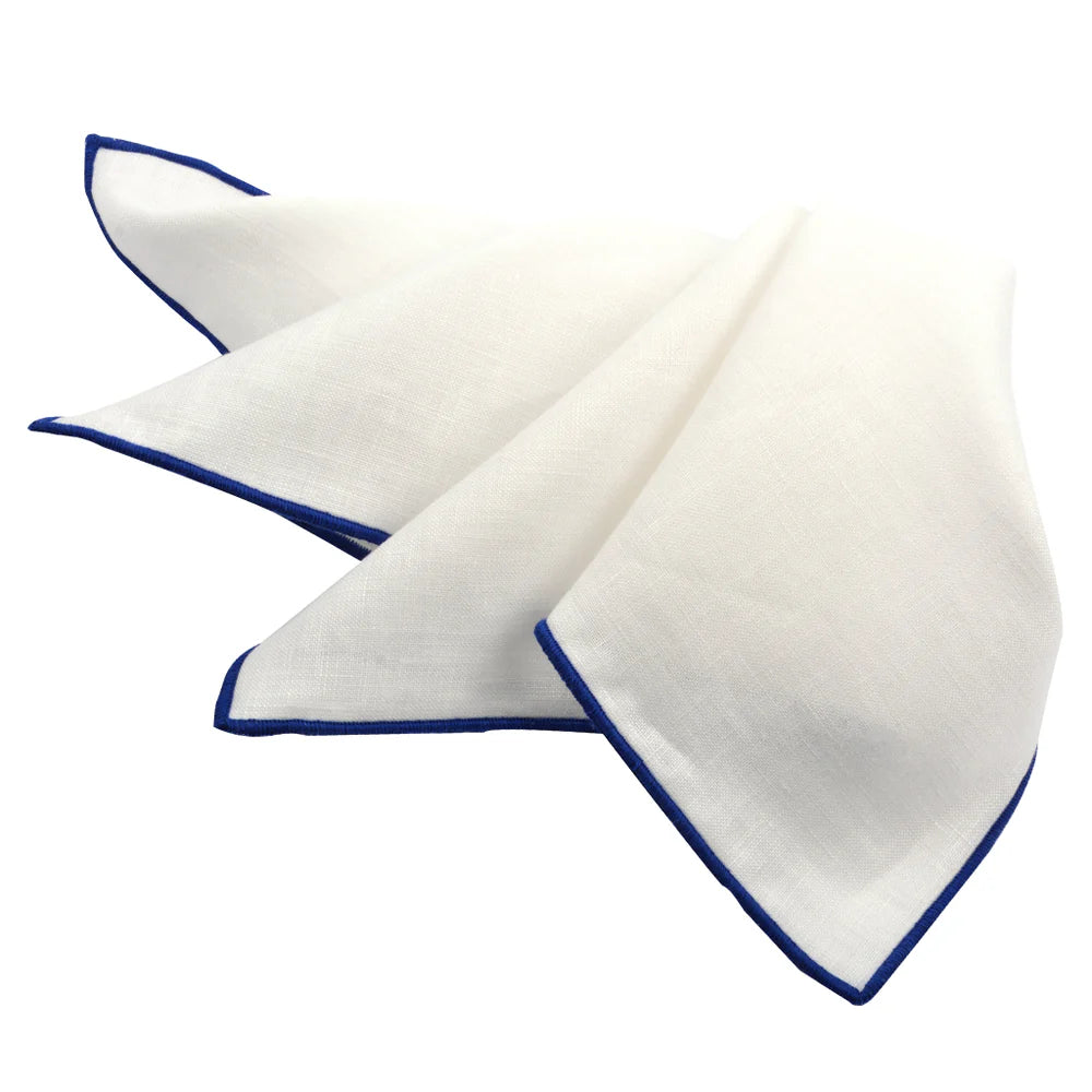 DION LINEN POCKET SQUARE - WHITE WITH ROYAL TRIM