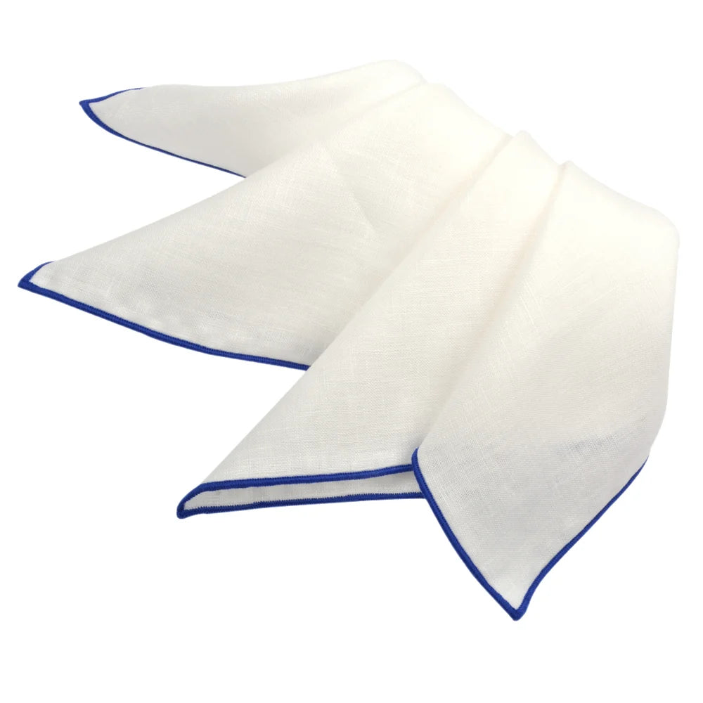 DION LINEN POCKET SQUARE - WHITE WITH CLASSIC BLUE TRIM