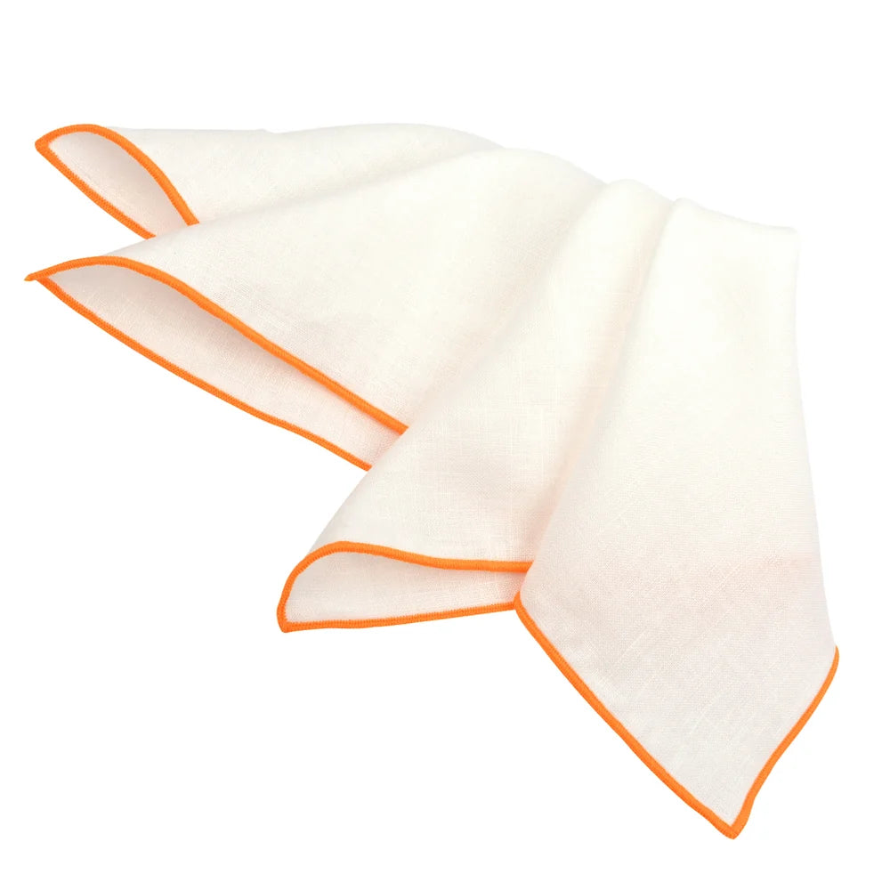 DION LINEN POCKET SQUARE - WHITE WITH TANGERINE TRIM
