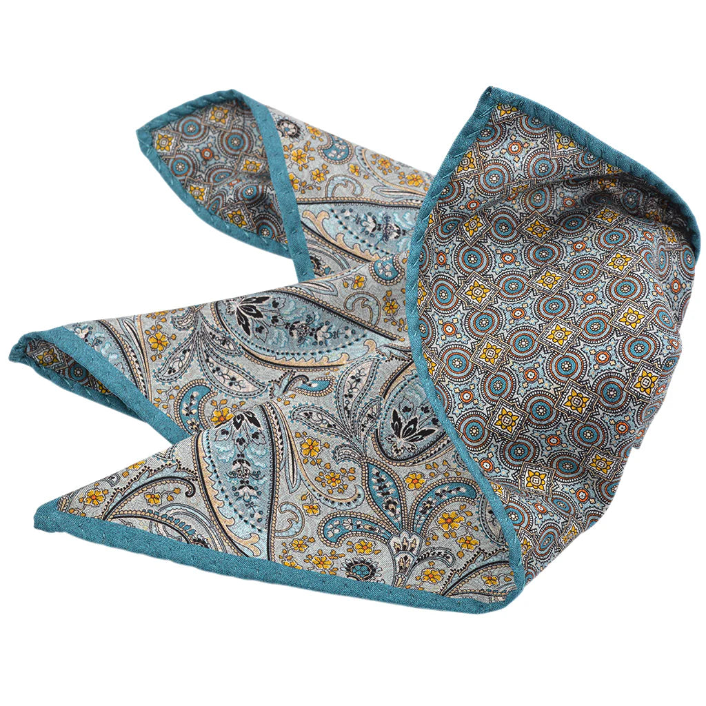 DION SILK DOUBLE-SIDED POCKET SQUARE - TURQUOISE FUJI PAISLEY