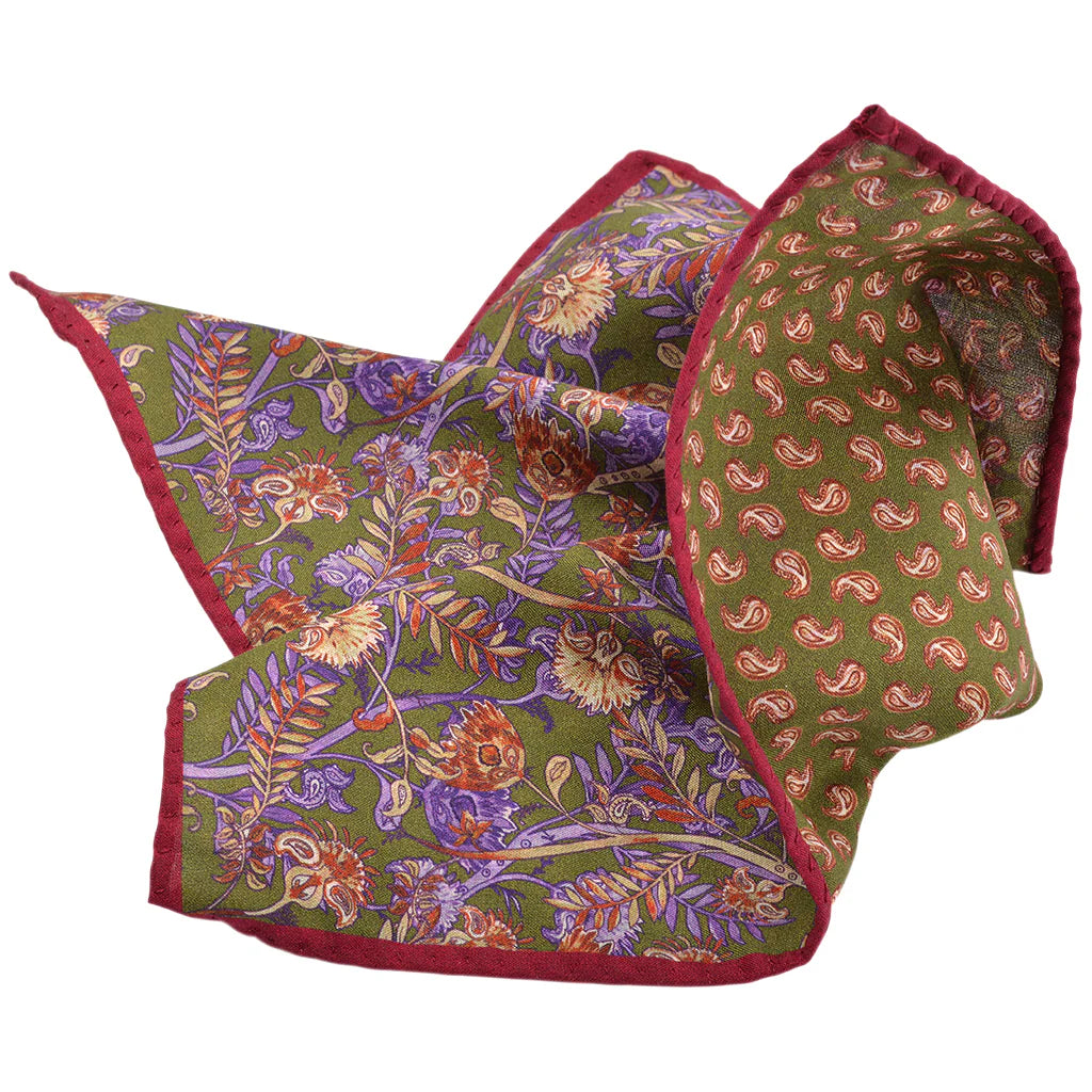 DION SILK DOUBLE-SIDED POCKET SQUARE - OLIVE FLORAL PAISLEY TEARDROP