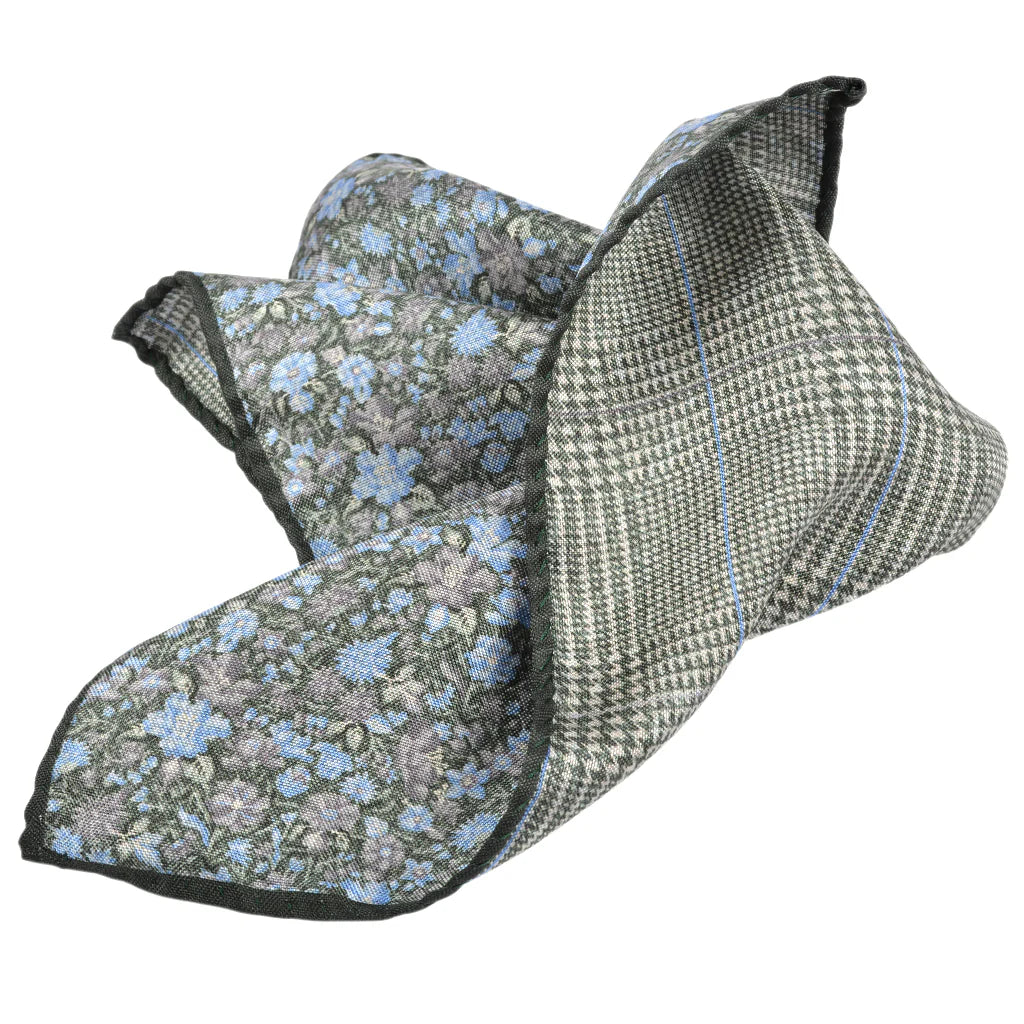 DION SILK DOUBLE-SIDED POCKET SQUARE - SAGE FLORAL GLENCHECK