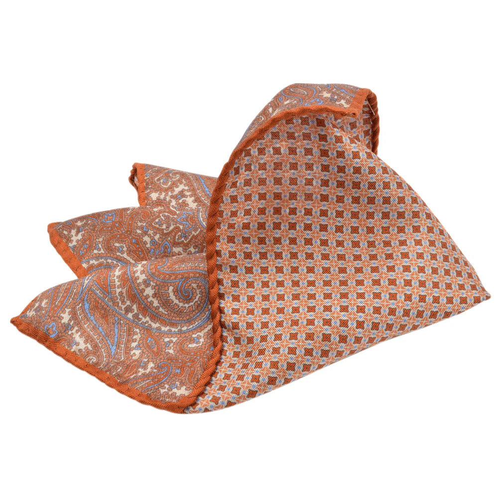 DION SILK DOUBLE-SIDED POCKET SQUARE - ORANGE PAISLEY/SQUARE NEAT